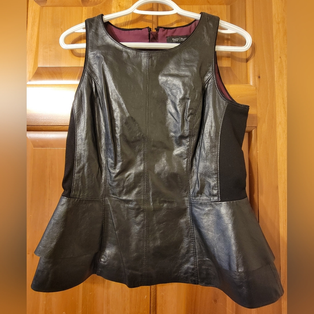 White House Black Market Black Leather  and Burgundy Lined Sleeveless Peplum Top